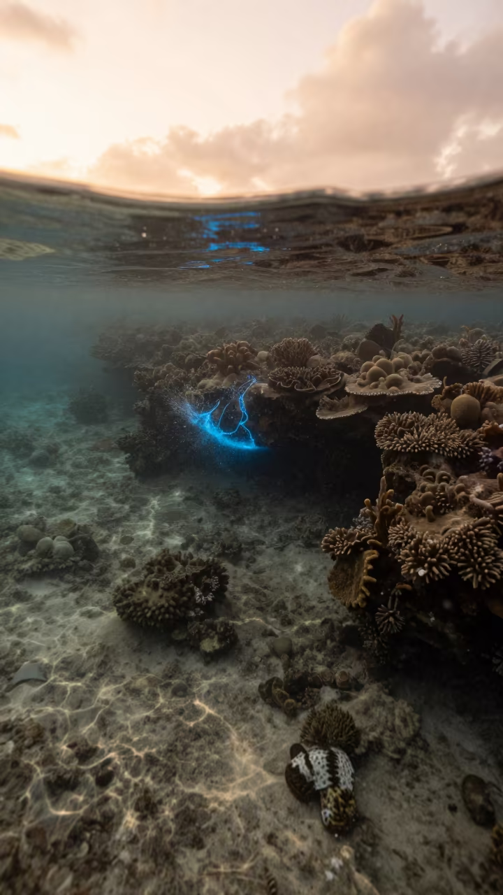 Amber Light on Bioluminescent Reef Flat Belize in beside a reef crevice under clear water near Belize City