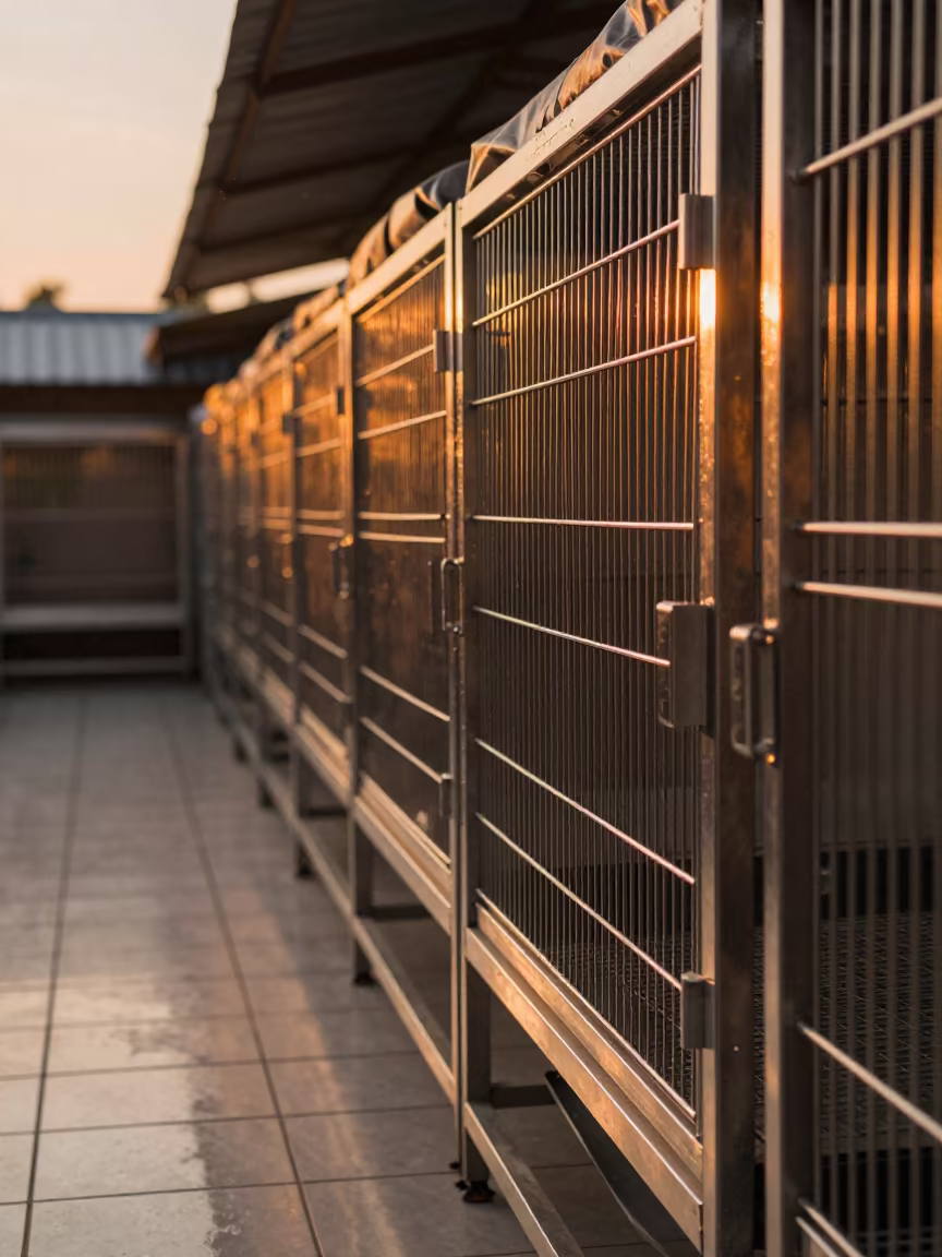 Amber Light Bird Carrier Rack Reset in in a boarding kennel corridor in Yangon