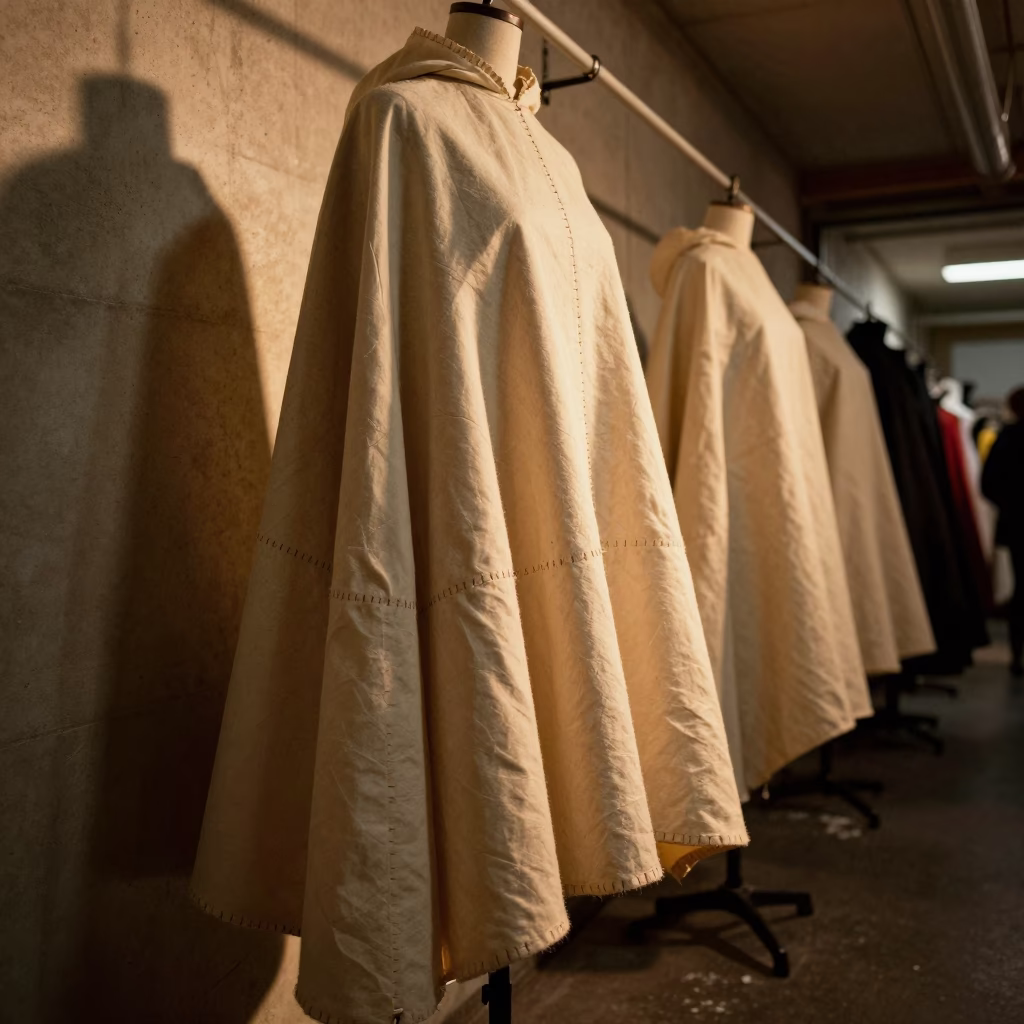 Amber Light on Blind Stitches Couture Cape in in a backstage changing corridor in Birmingham