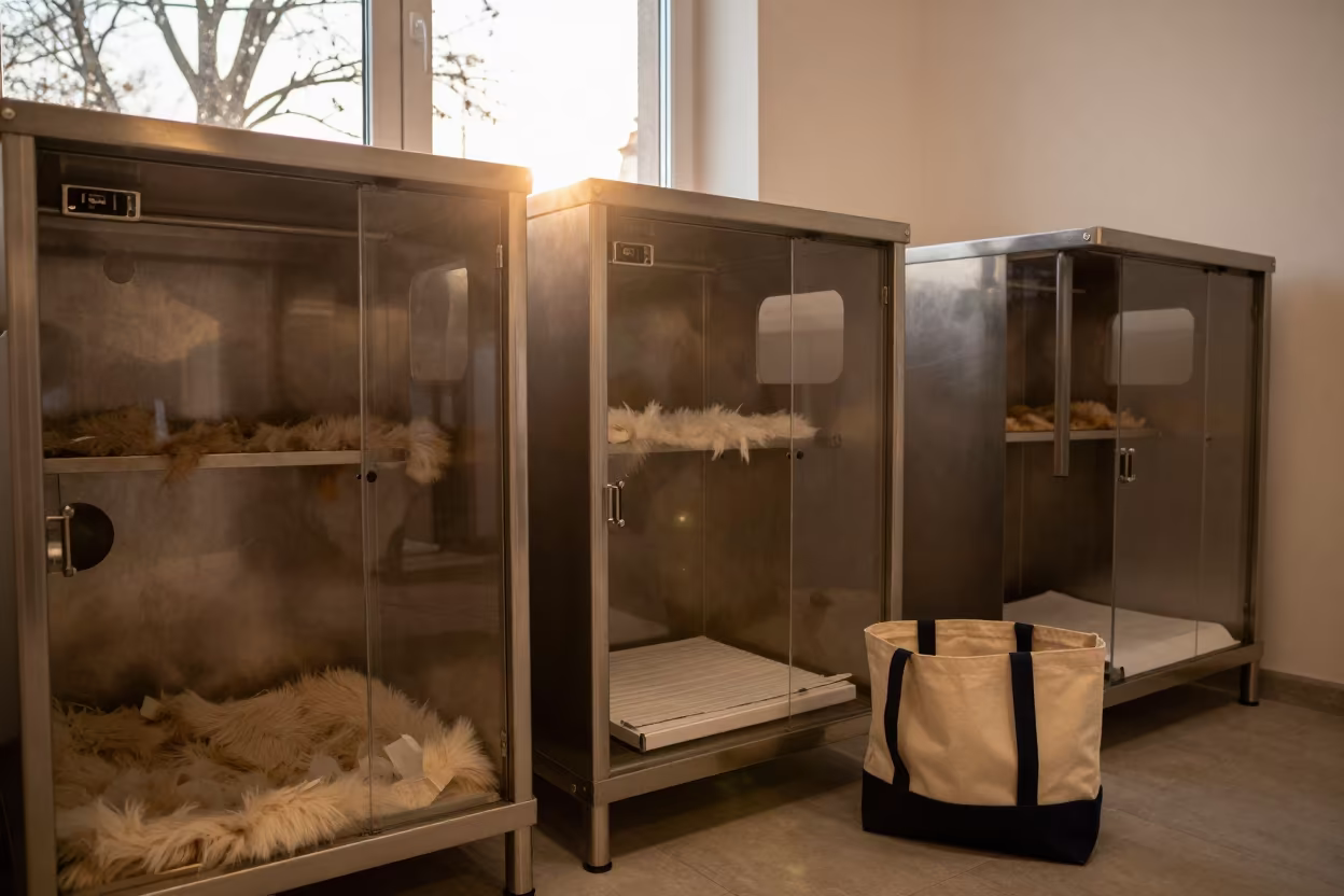 Amber Light on Cat Condo Tote in Berlin Grooming Bay in inside a grooming bay near Berlin