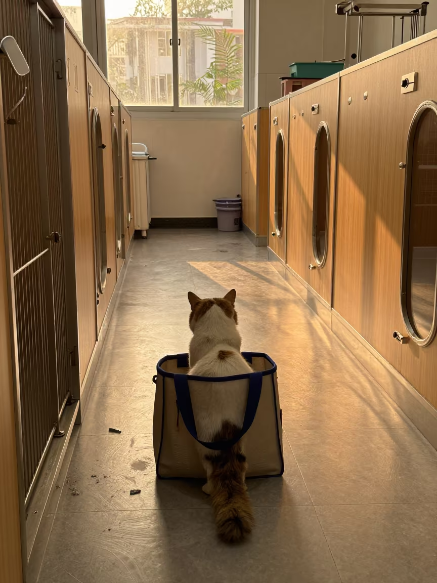 Amber Light on Cat Tote in Kennel Corridor in in a boarding kennel corridor in Xiamen
