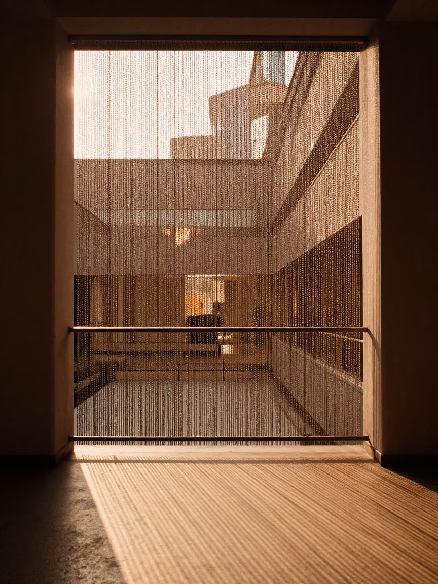 Amber Light Through Chain Curtain Atrium in inside a vaulted atrium in Shamian Island, Guangzhou