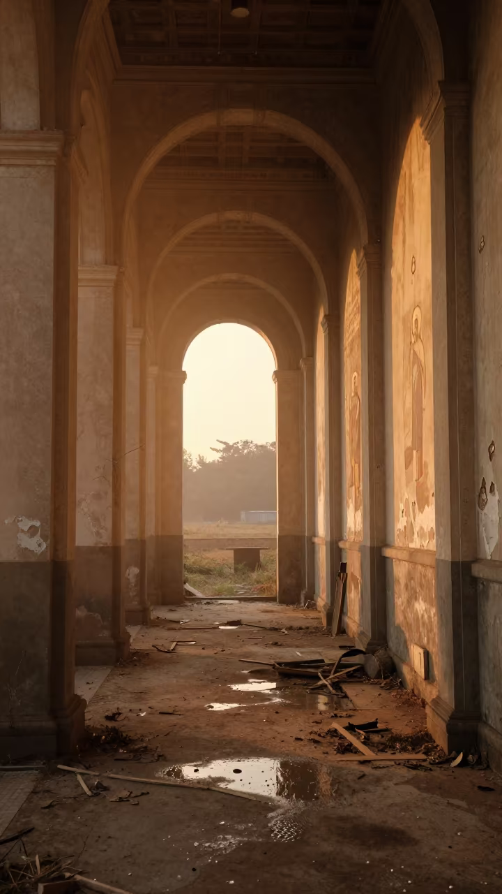 Amber Light in Chiba Chapel Corridor in along a derelict corridor with peeled paint and pooled water in Chiba