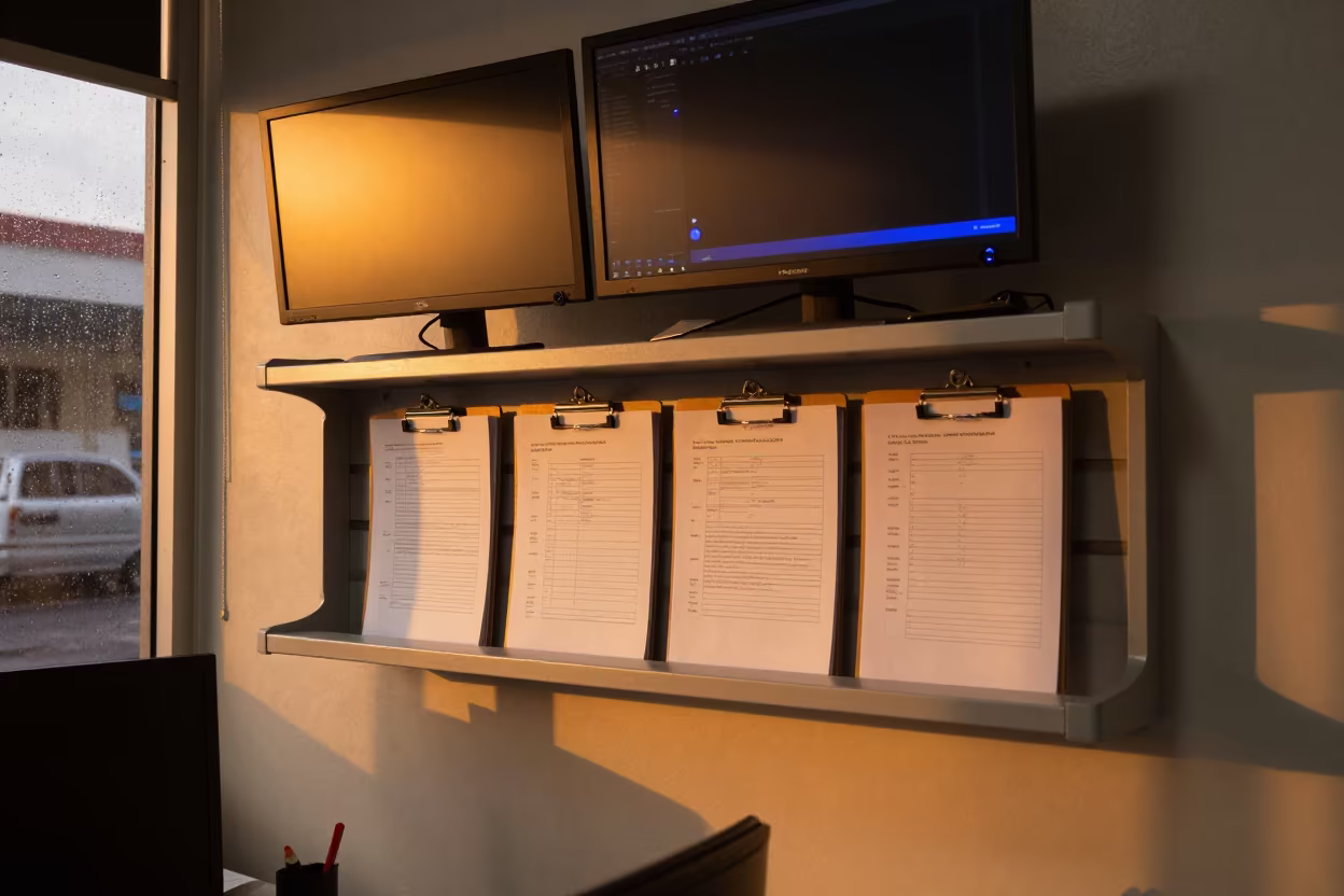 Amber Light on Clipboard Shelf in Abidjan Office in in an operations center under monitor glow in Abidjan