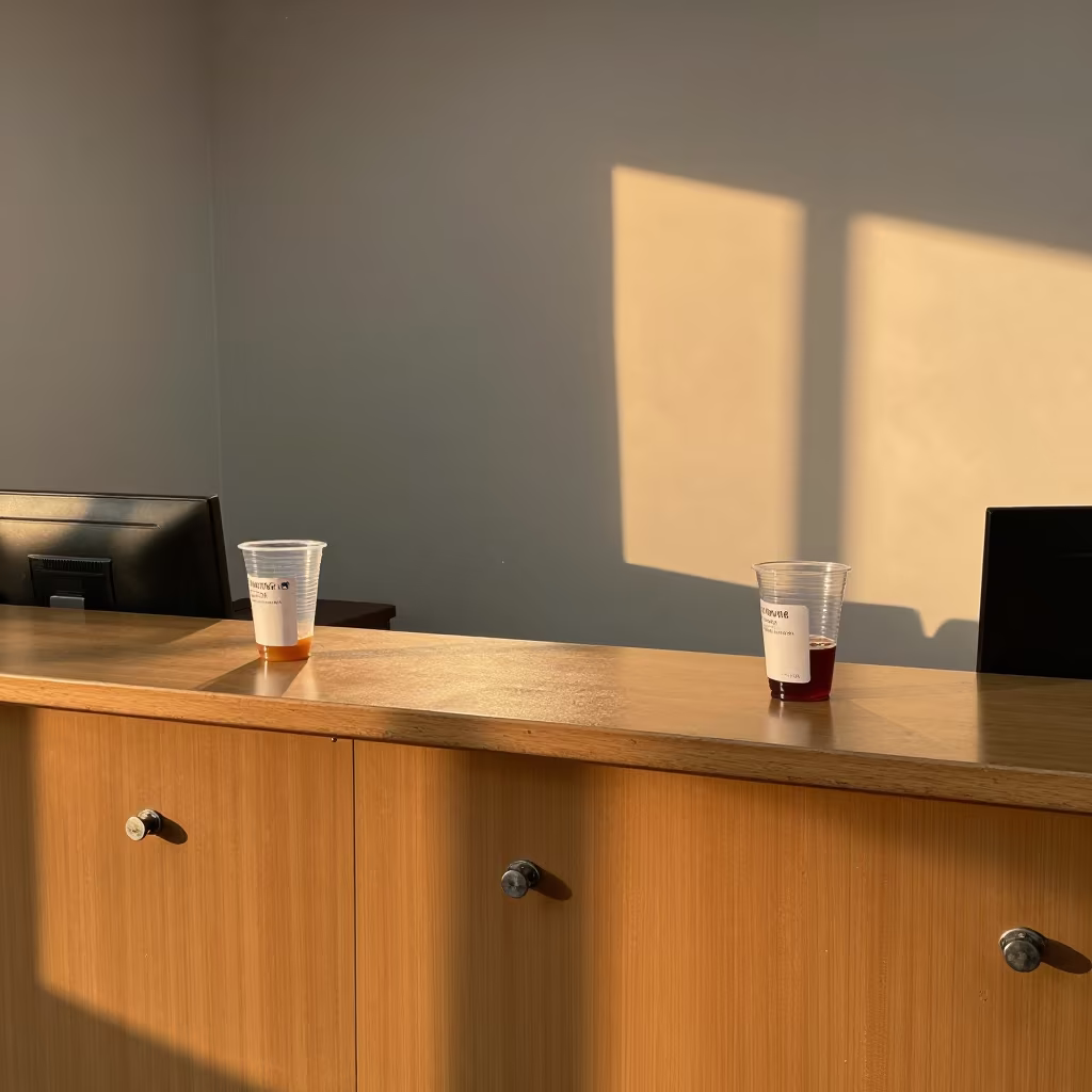 Amber Light Coat Check Token Cup Office Desk in at an office reception desk in Quezon City
