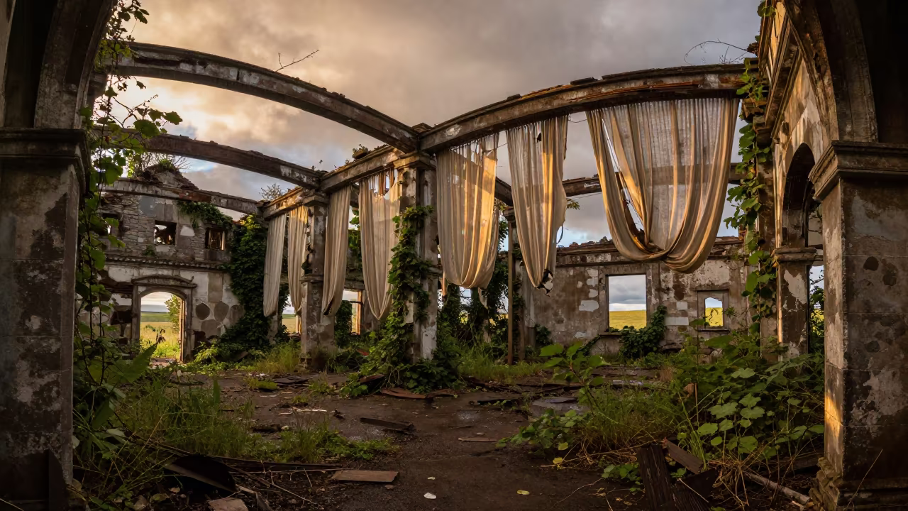 Amber Light Through Collapsed Cloisters Idaho in among collapsed cloisters in Idaho