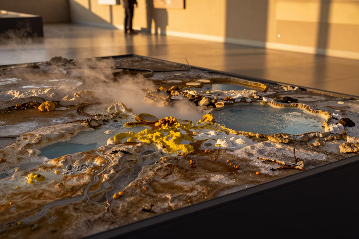 Amber Light on Dallol Hydrothermal Display in on a painted display ledge in Charleston