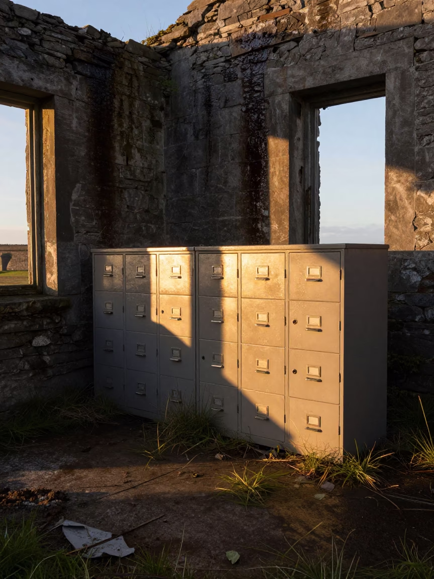 Amber Light on Damp Ruin Control Room in through a courtyard reclaimed by grasses in Ireland