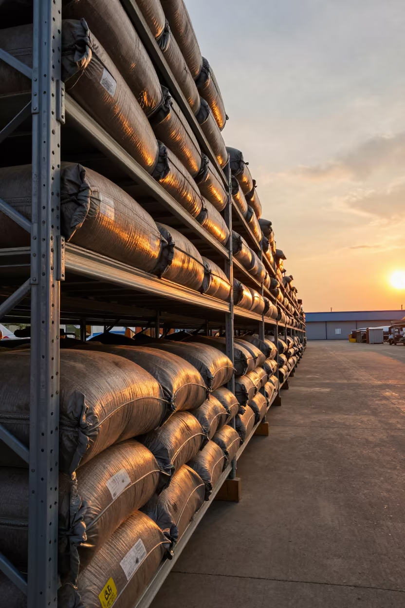 Amber Light on Dunnage Airbag Shelf Harbin Warehouse in inside a warehouse aisle near Harbin