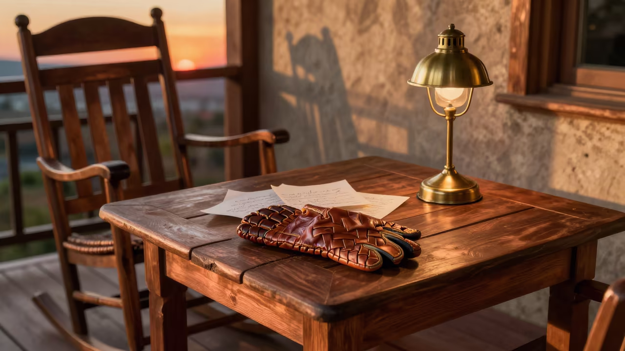 Amber Light Evening on Malatya Porch Table in on a porch with a rocking chair in Malatya