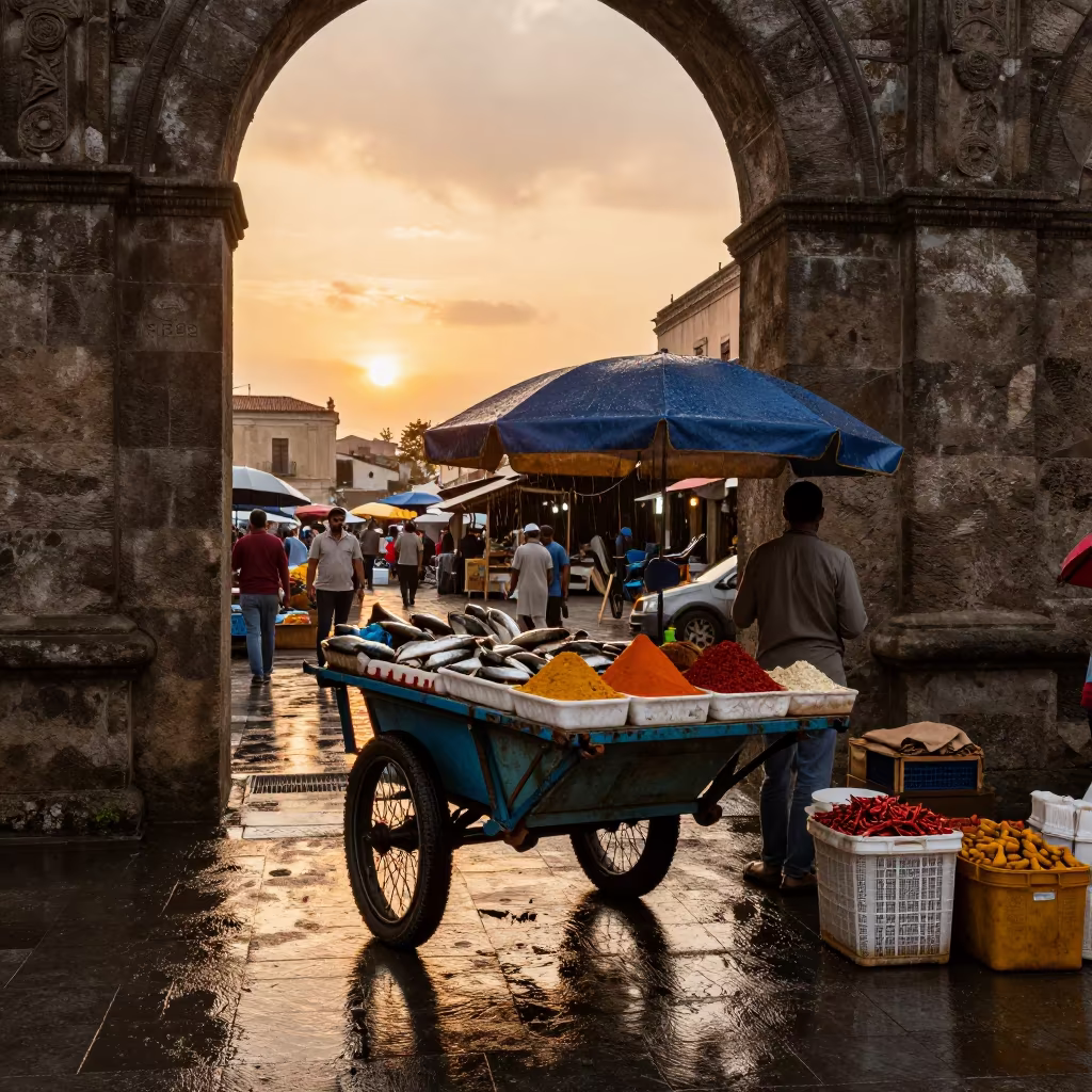 Amber Light on Fish Cart Near Stone Arcade in at a spice vendor's table in Messina