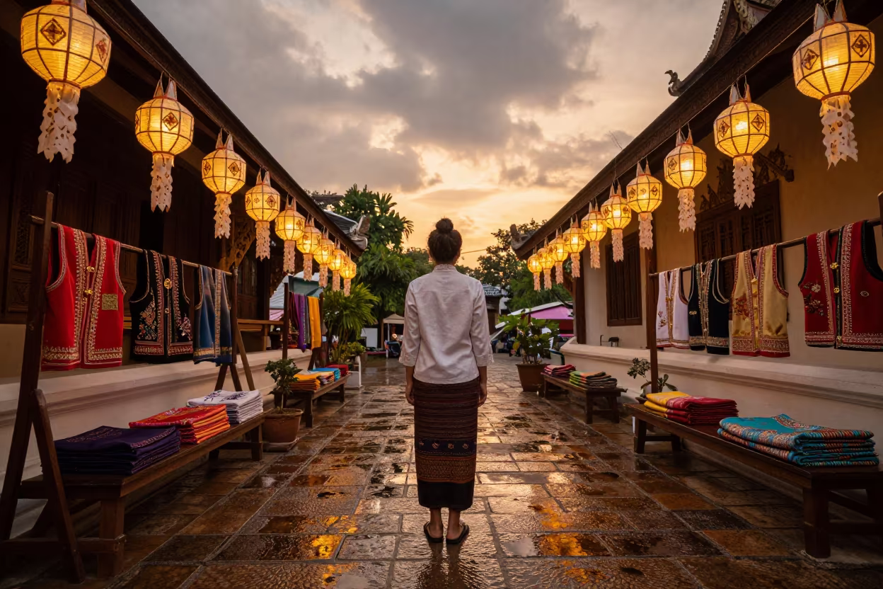 Amber Light Fitting Thai Costumes Chiang Mai Temple in in a temple courtyard in Chiang Mai