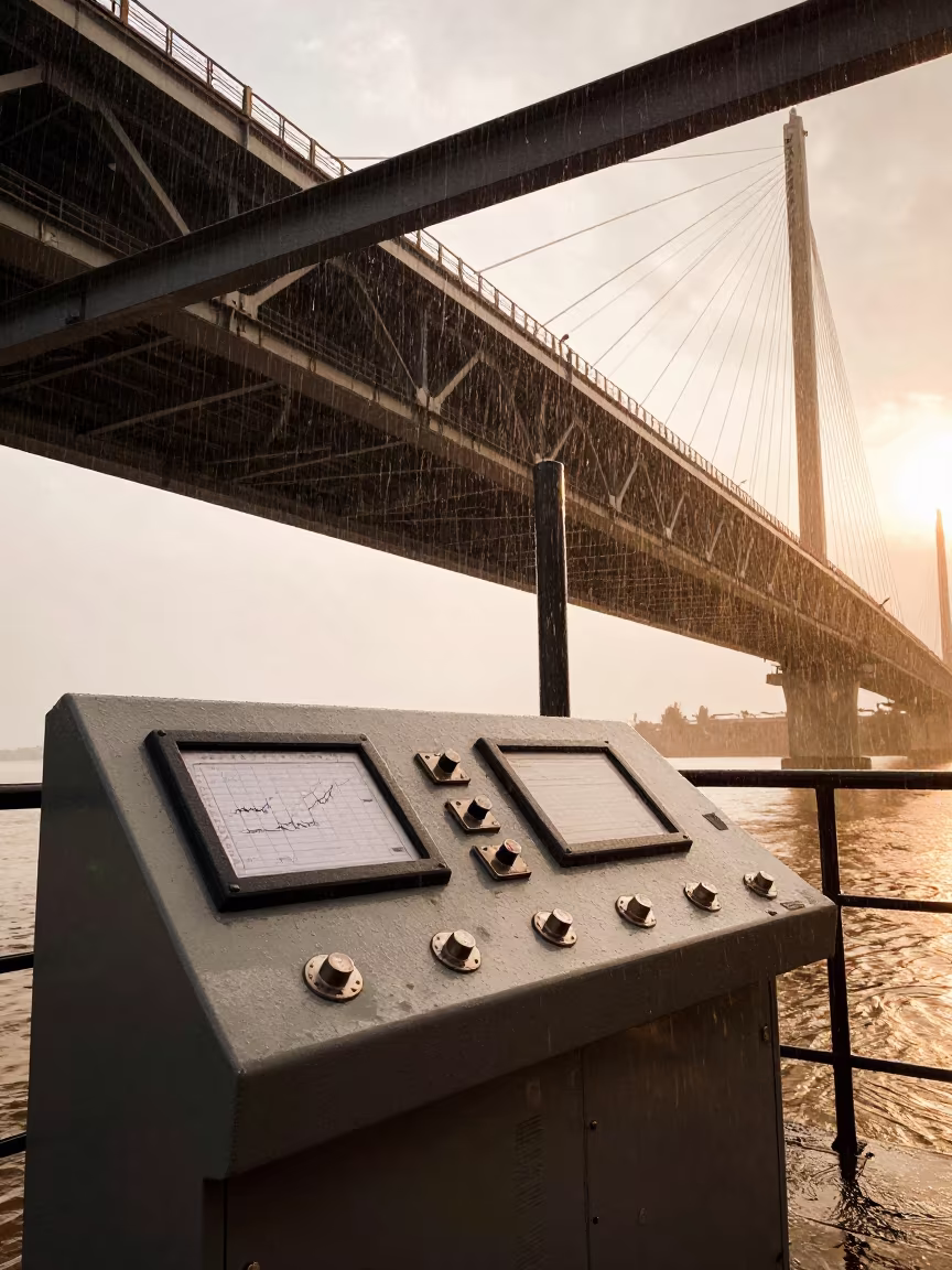 Amber Light on Flood Control Room Steel in under a cable-stayed bridge span near Menouf