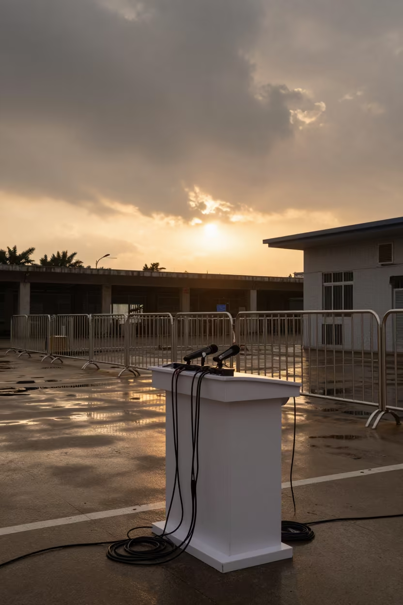 Amber Light on Guangzhou Press Podium Cables in outside a polling station entrance in Guangzhou