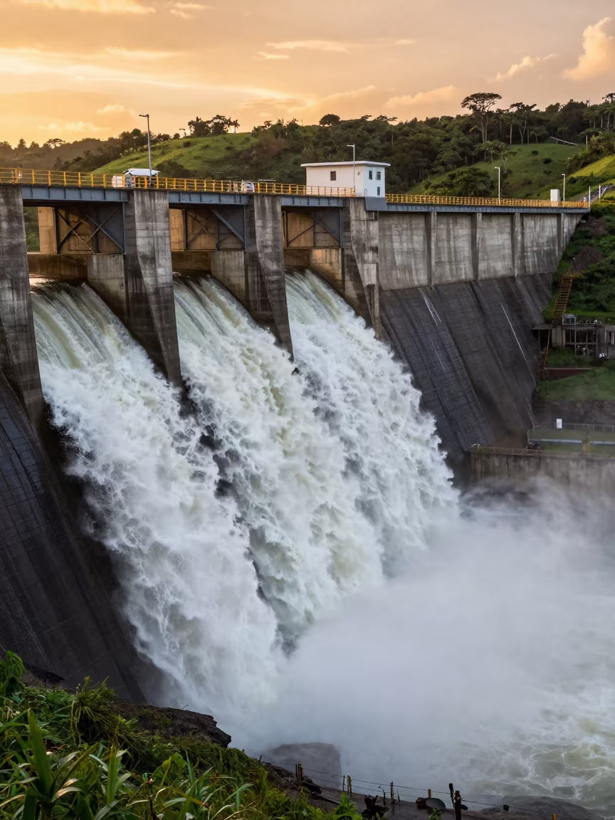 Amber Light on Hydro Dam Spillway in above a spillway chute with spray rising in Pernambuco