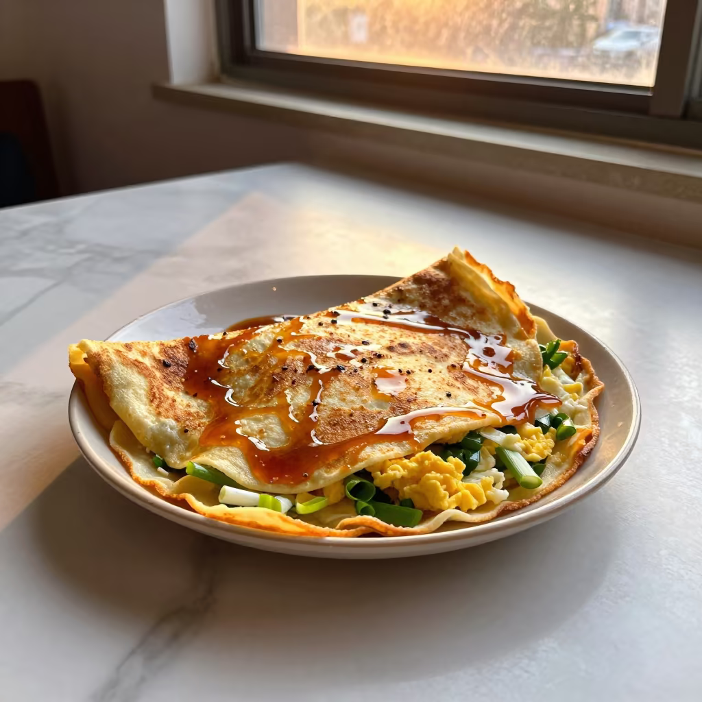 Amber Light Jianbing Crepe on Marble Table in on a marble cafe table in Guiyang