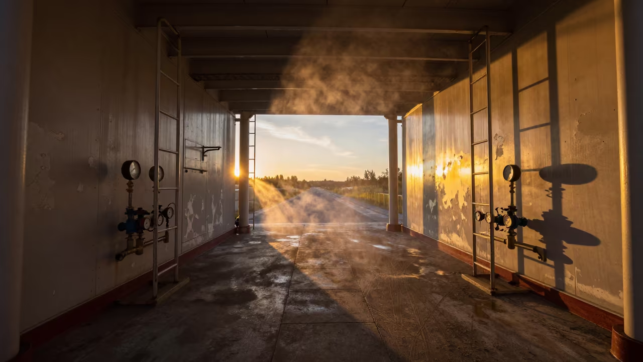 Amber Light on Kamchatka Pumping Station in across a windy overpass interchange in Kamchatka