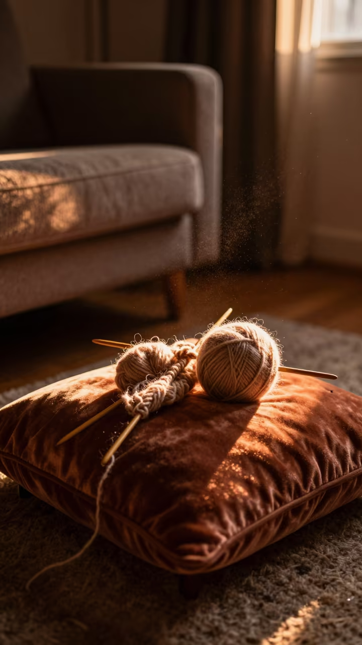 Amber Light Knitting Needles Mohair Wool Velvet in in a sunlit living room in Puente Alto