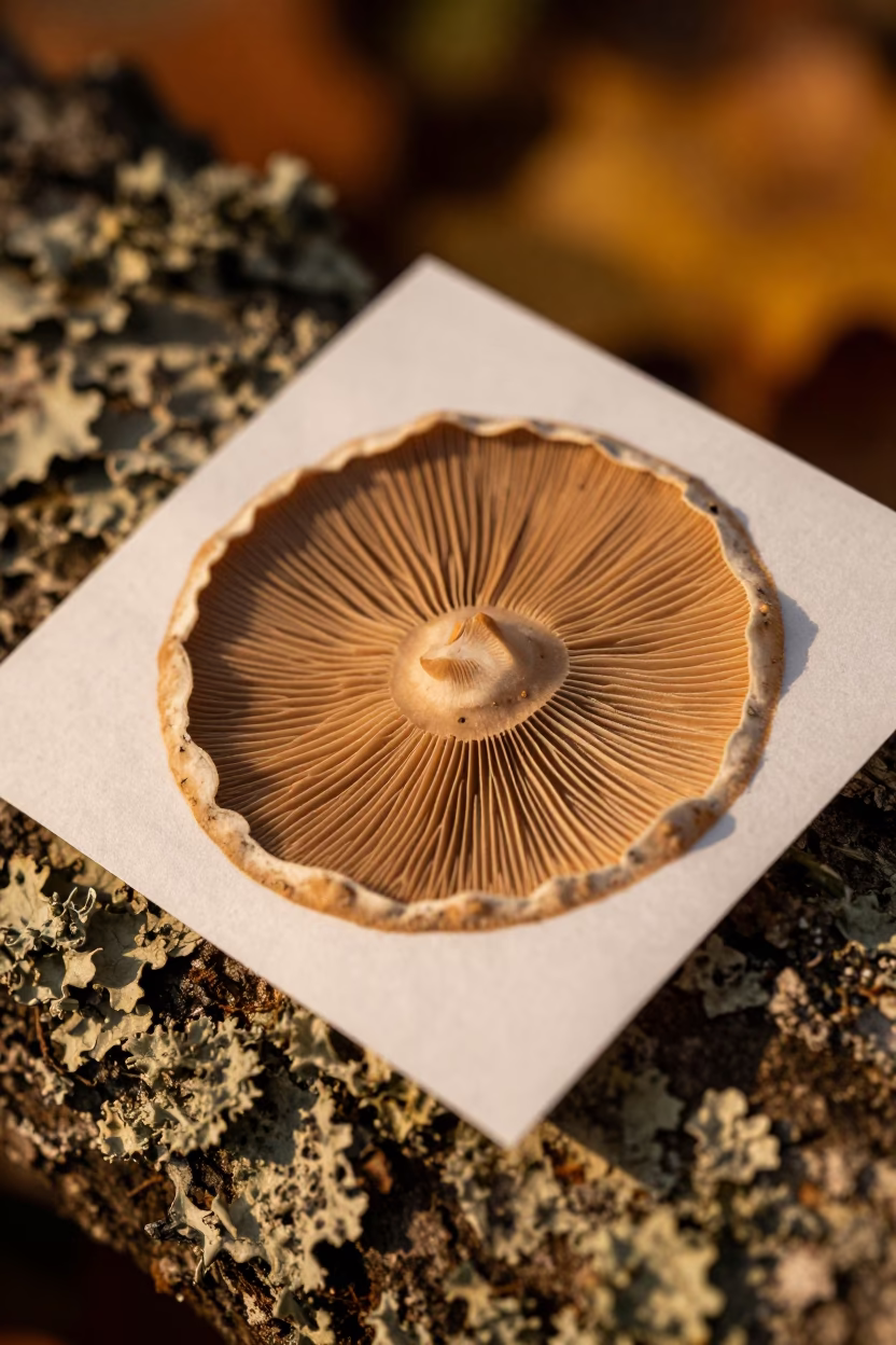 Amber Light Macro of Mushroom Spore Print in on lichen-covered bark in Benghazi