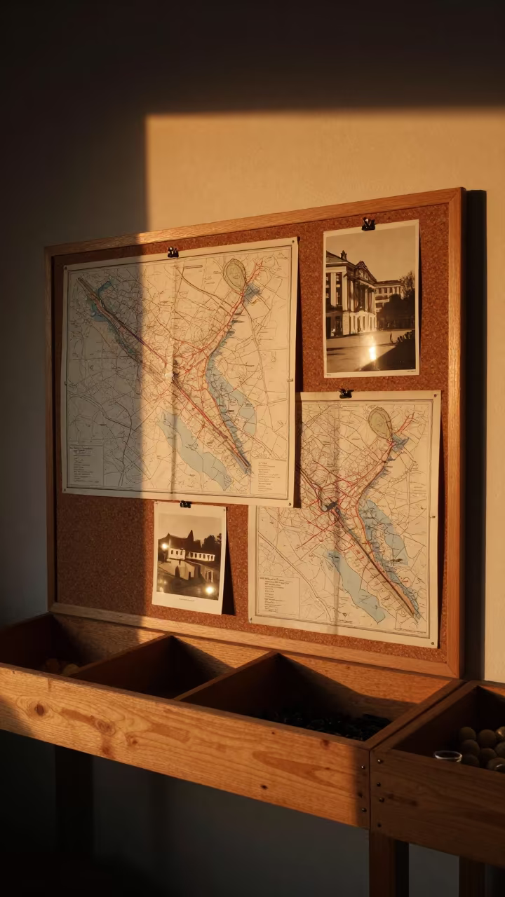 Amber Light on Maps at Belgrade Stall in on a painted produce display table near Belgrade