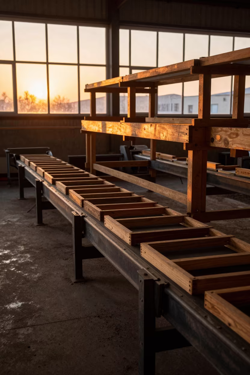 Amber Light on Match Factory Dipping Frames in on a factory floor near Medina