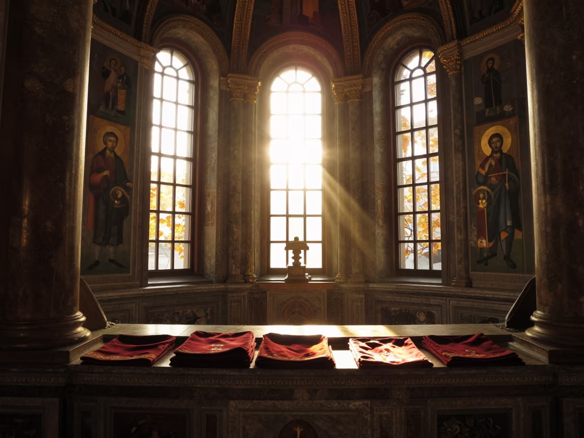 Amber Light in Moscow Cathedral Side Chapel in inside a quiet cloister passage in Moscow