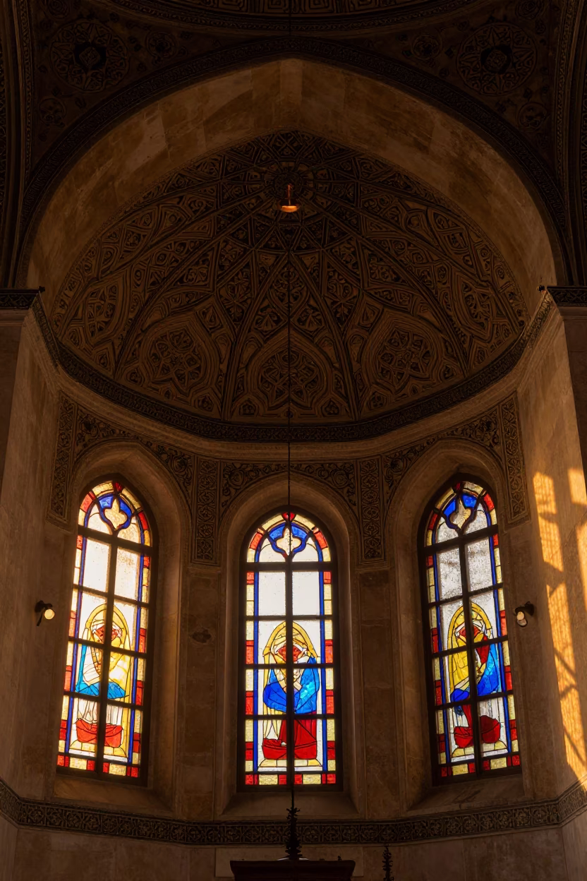 Amber Light on Muqarnas Vault in Amman Chapel in in a chapel lit by stained glass in Amman