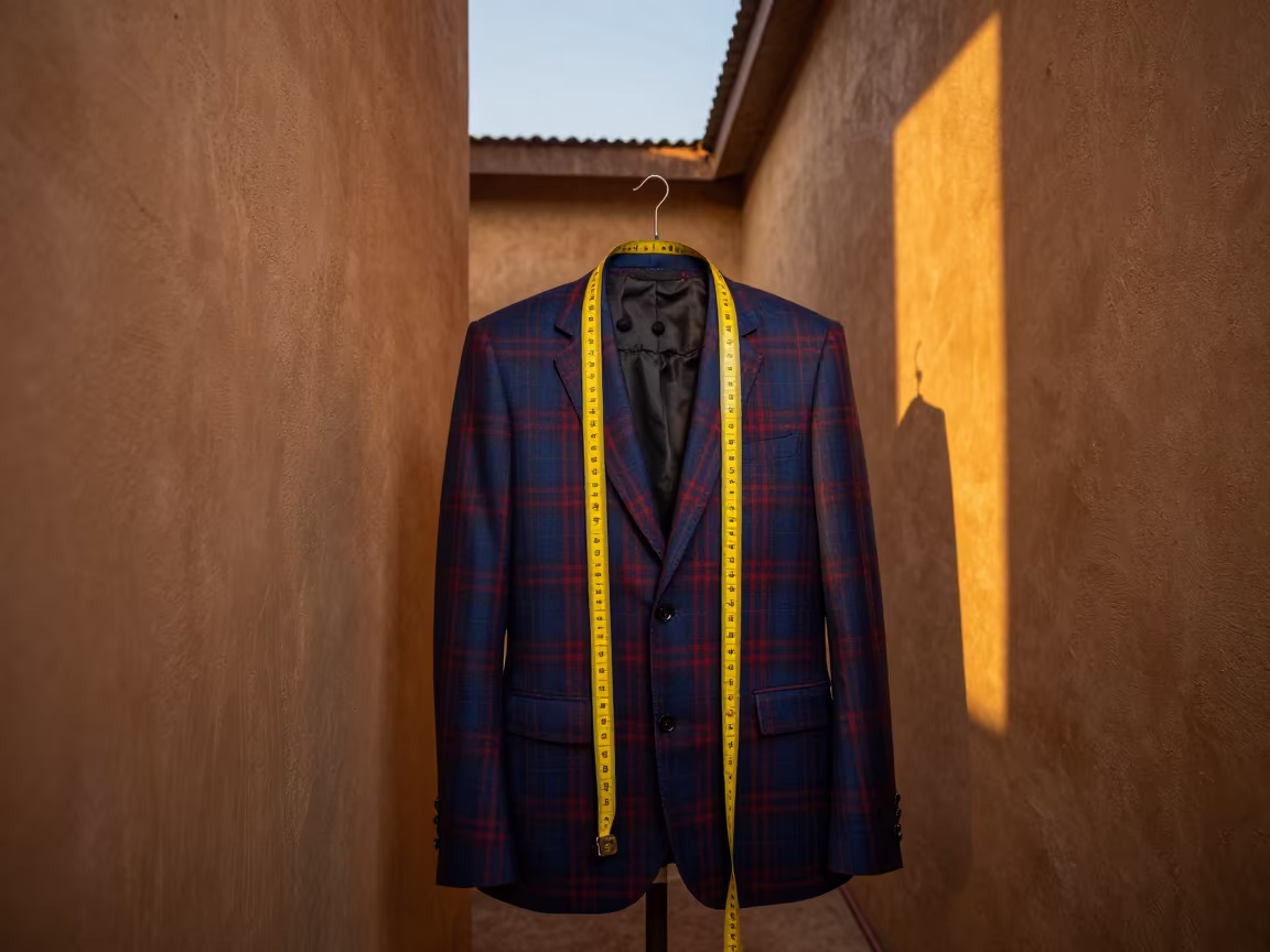 Amber Light on Plaid Suit and Tape in in a backstage changing corridor near Maiduguri