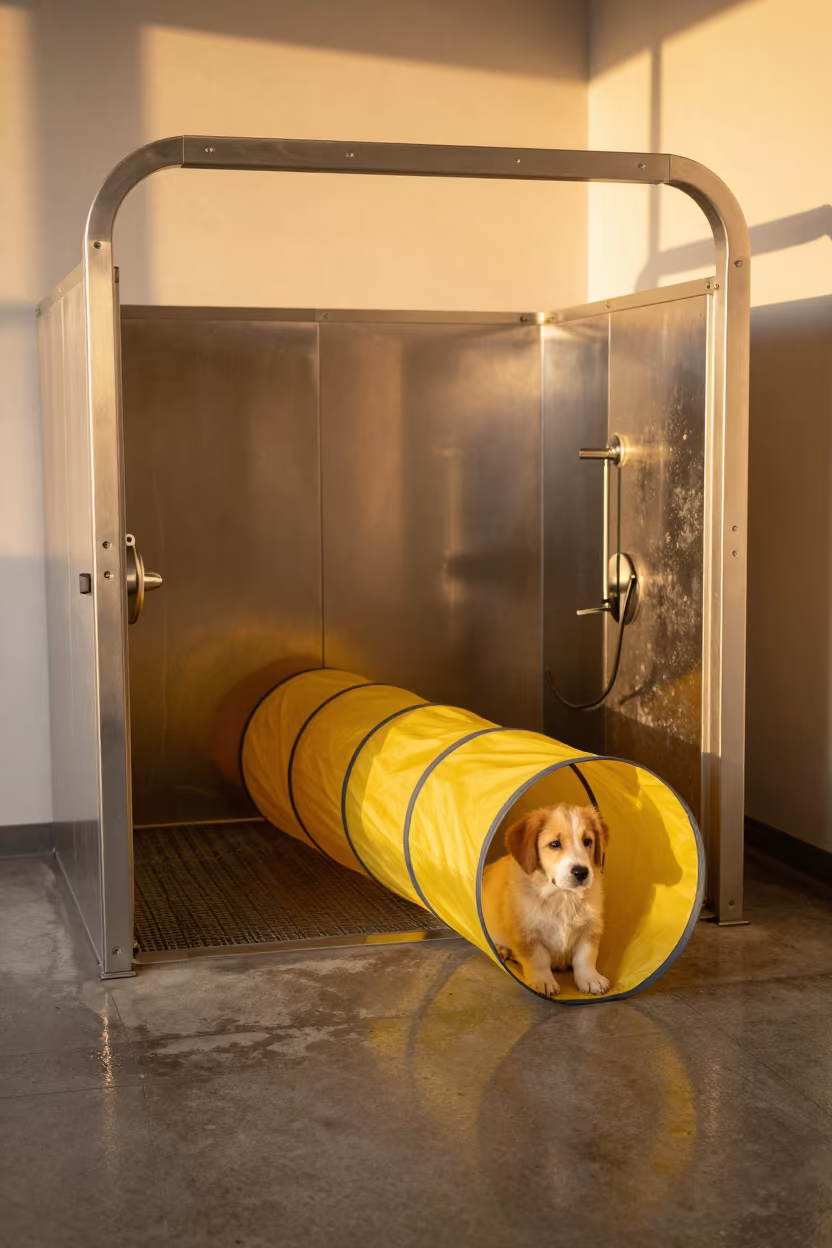 Amber Light Puppy Socialization Tunnel at Dog Wash in at a self-serve dog wash station in Vantaa