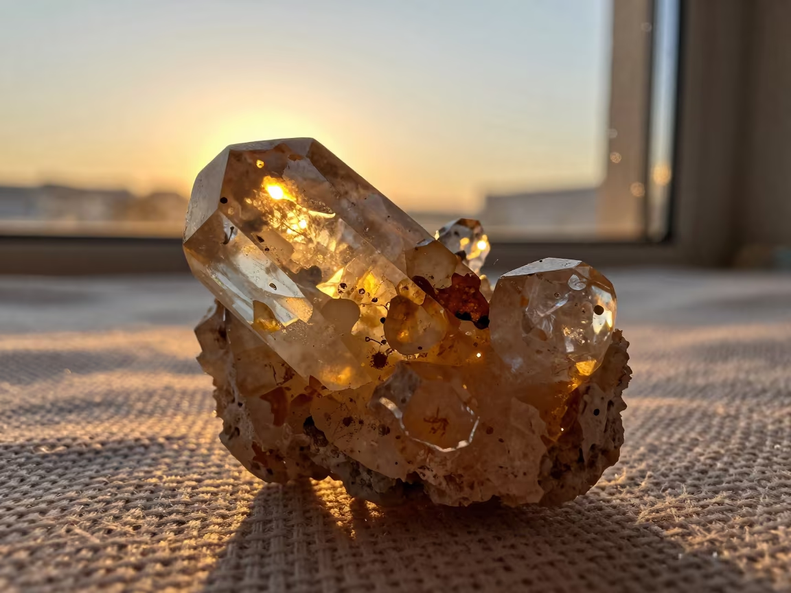 Amber Light Quartz inclusions Macro Murino in against woven linen fibers near Murino