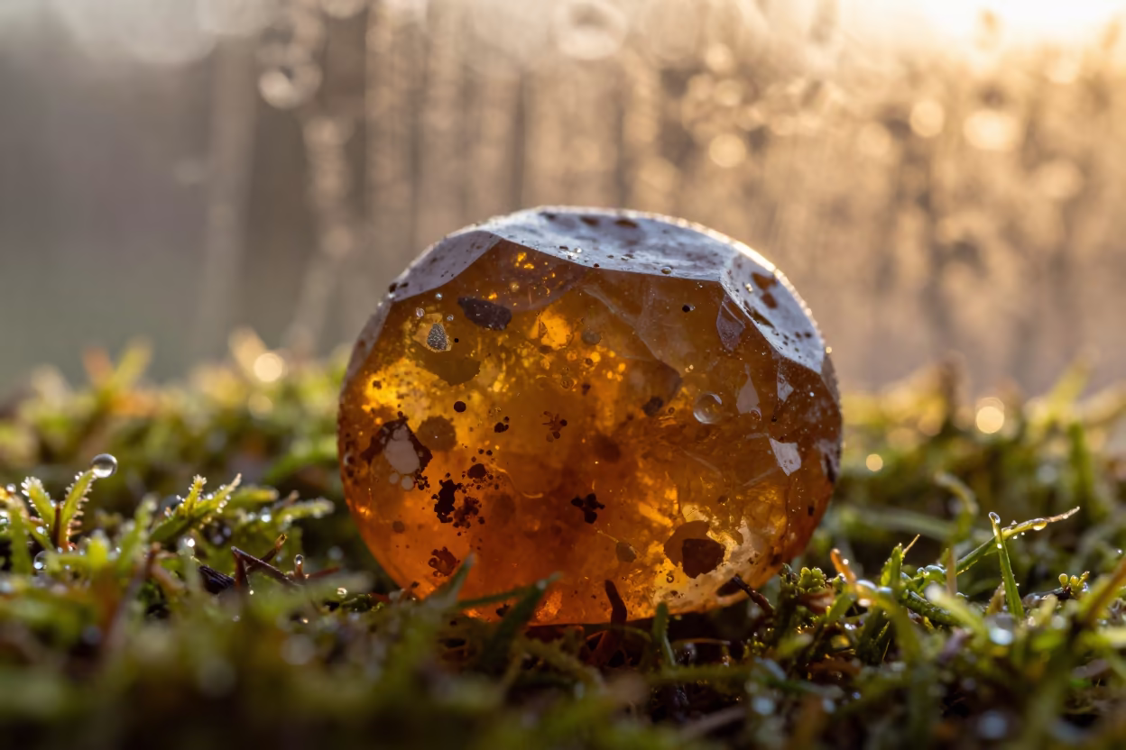 Amber Light Through Quartz Inclusions on Moss in on dew-soaked moss near Rotterdam