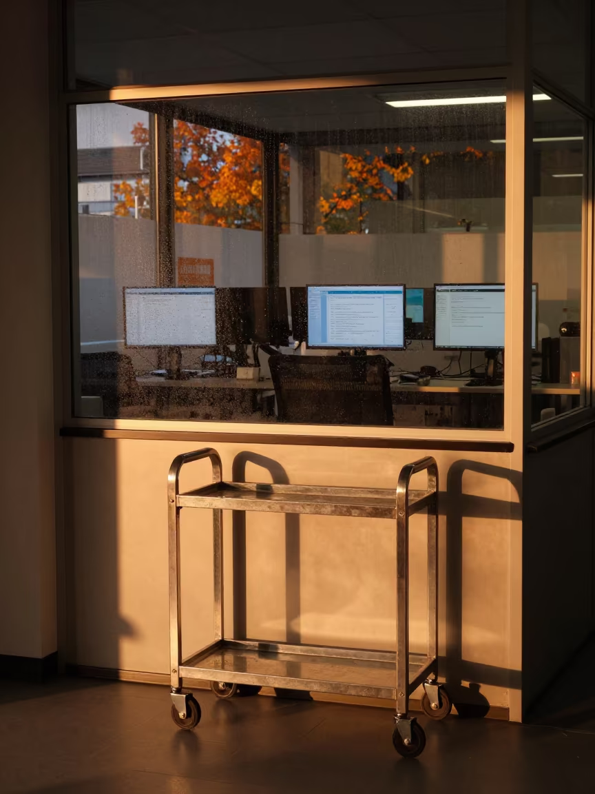 Amber Light on Reception Cart in Lucerne Office in in an operations center under monitor glow near Lucerne