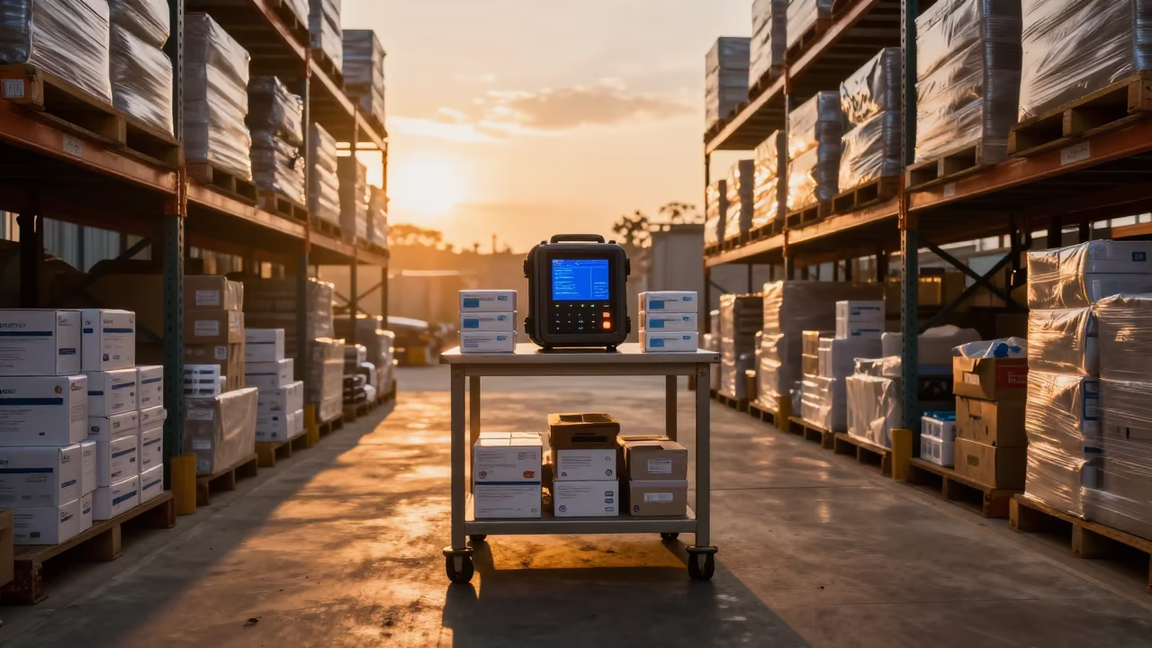 Amber Light Reefer Data Logger Mombasa Warehouse in inside a warehouse aisle in Mombasa
