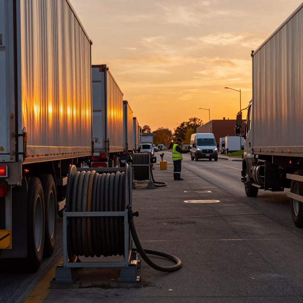 Amber Light Reefer Hose Rack in Baltimore Cross-Dock in inside a cross-dock lane near Baltimore