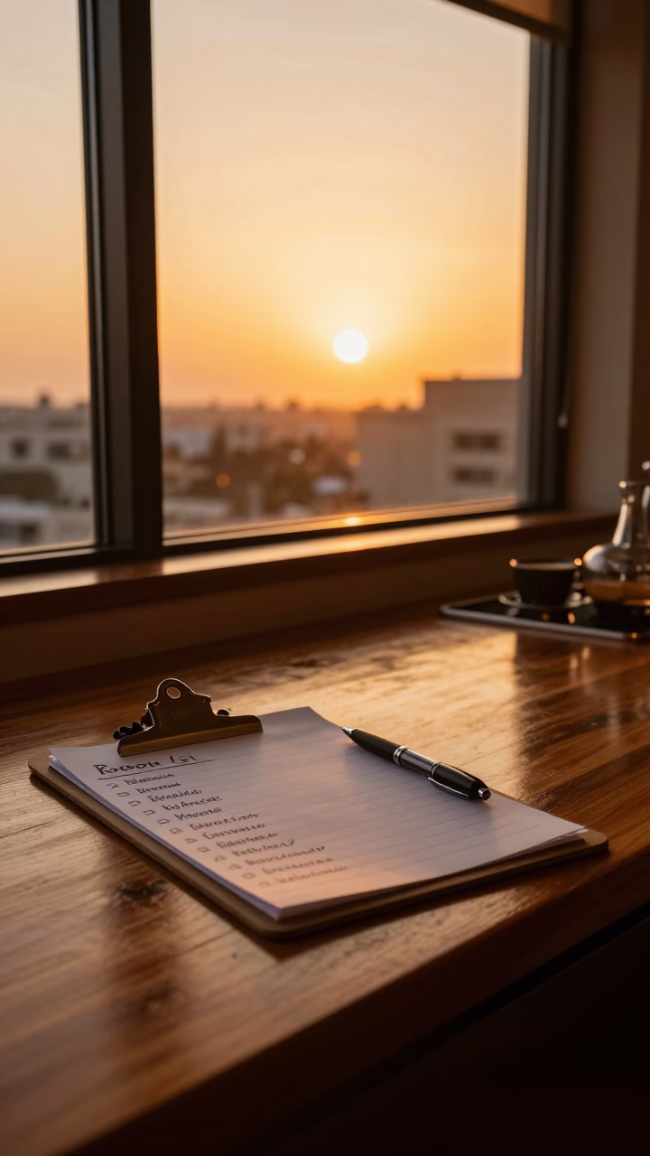 Amber Light on Rooming List Clipboard in inside a breakfast room before opening near Dubai