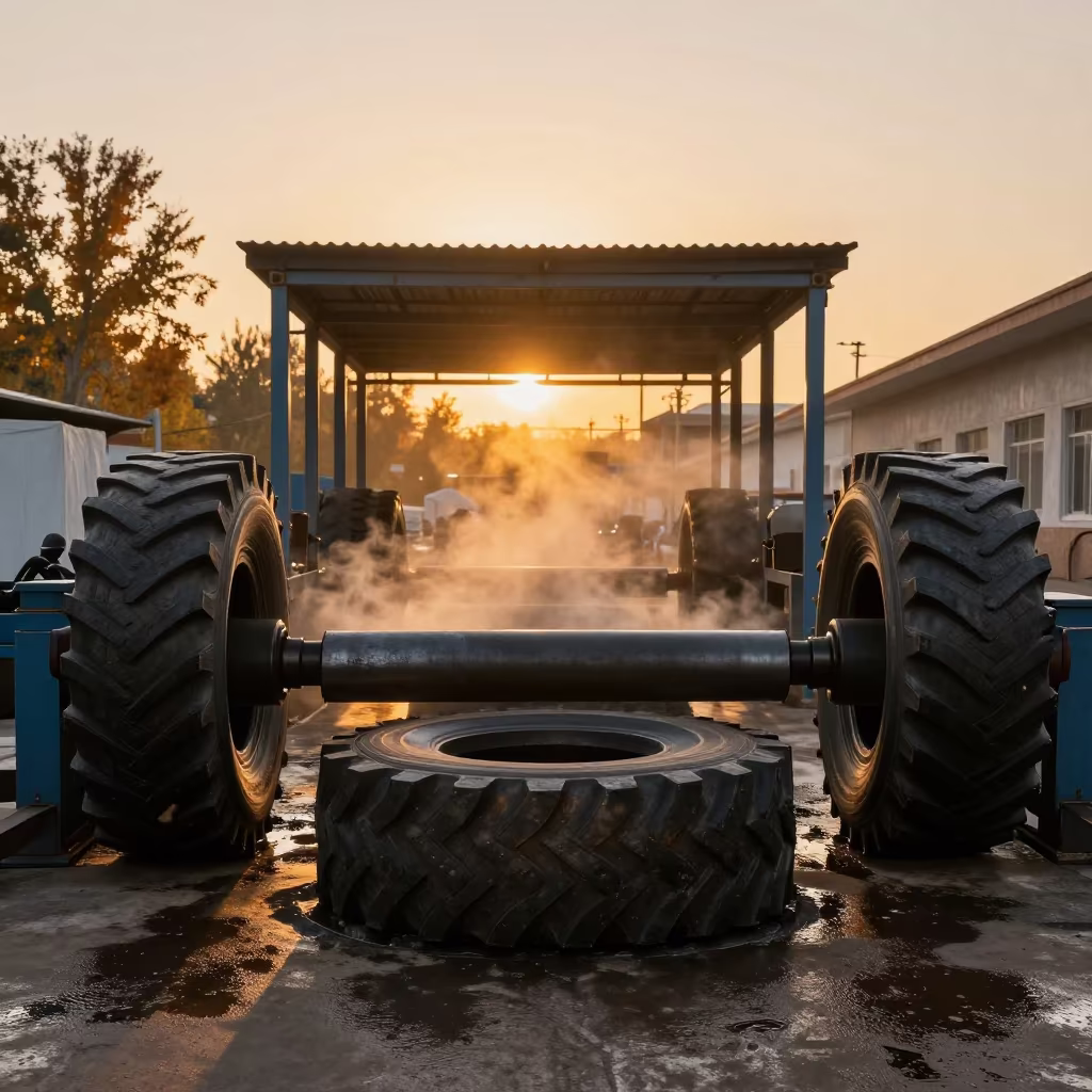 Amber Light on Rubber Molds at Tire Factory Dock in at a loading dock near Mashhad