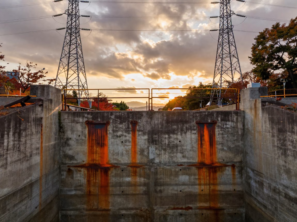 Amber Light on Rust Stained Sluice Gate Kyoto in beneath transmission towers in Kyoto