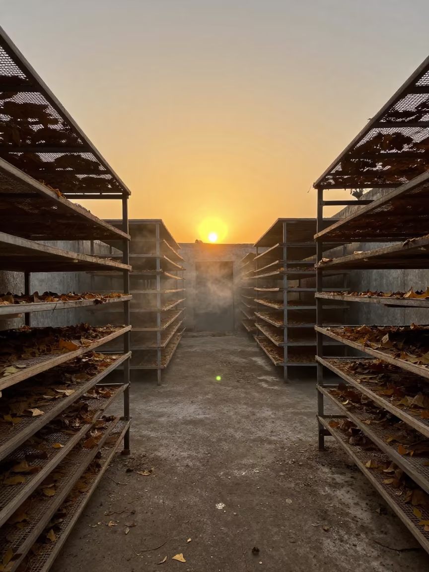 Amber Light in Sanaa Drying Room in inside a leaf-drying room lined with mesh trays in Sanaa