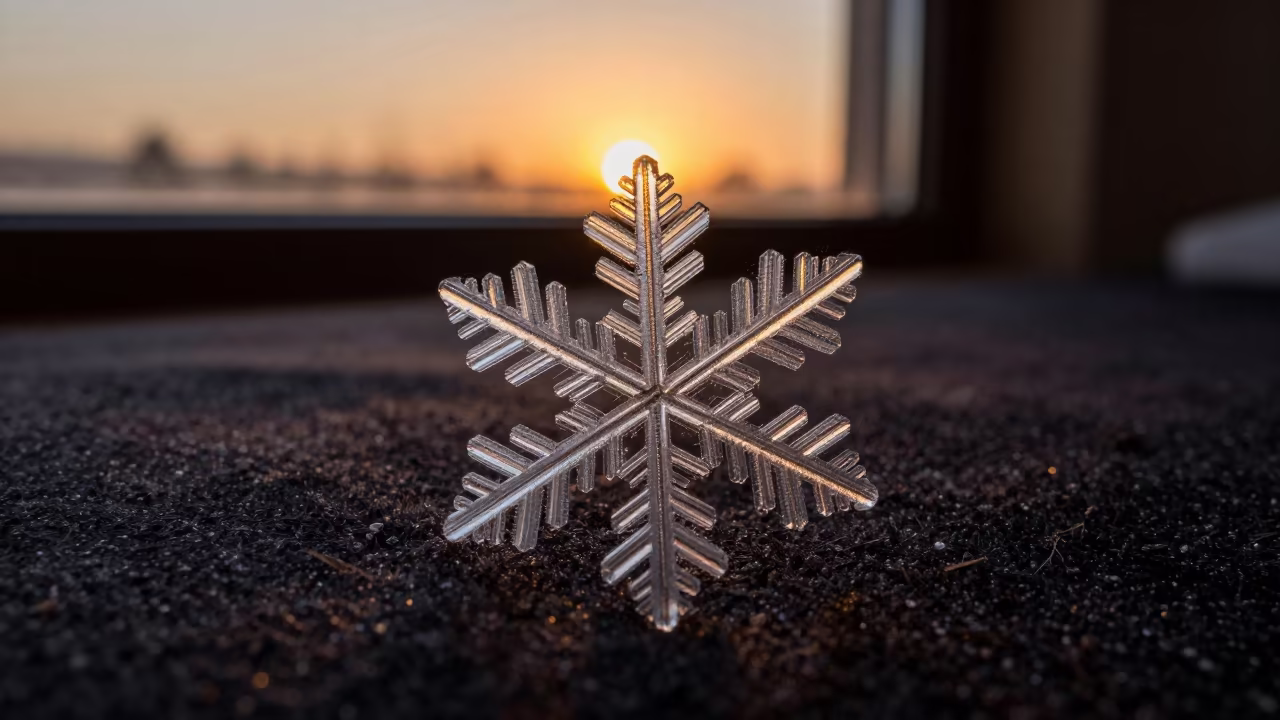 Amber Light on Snowflake Crystal Macro in on lichen-covered bark near Bago