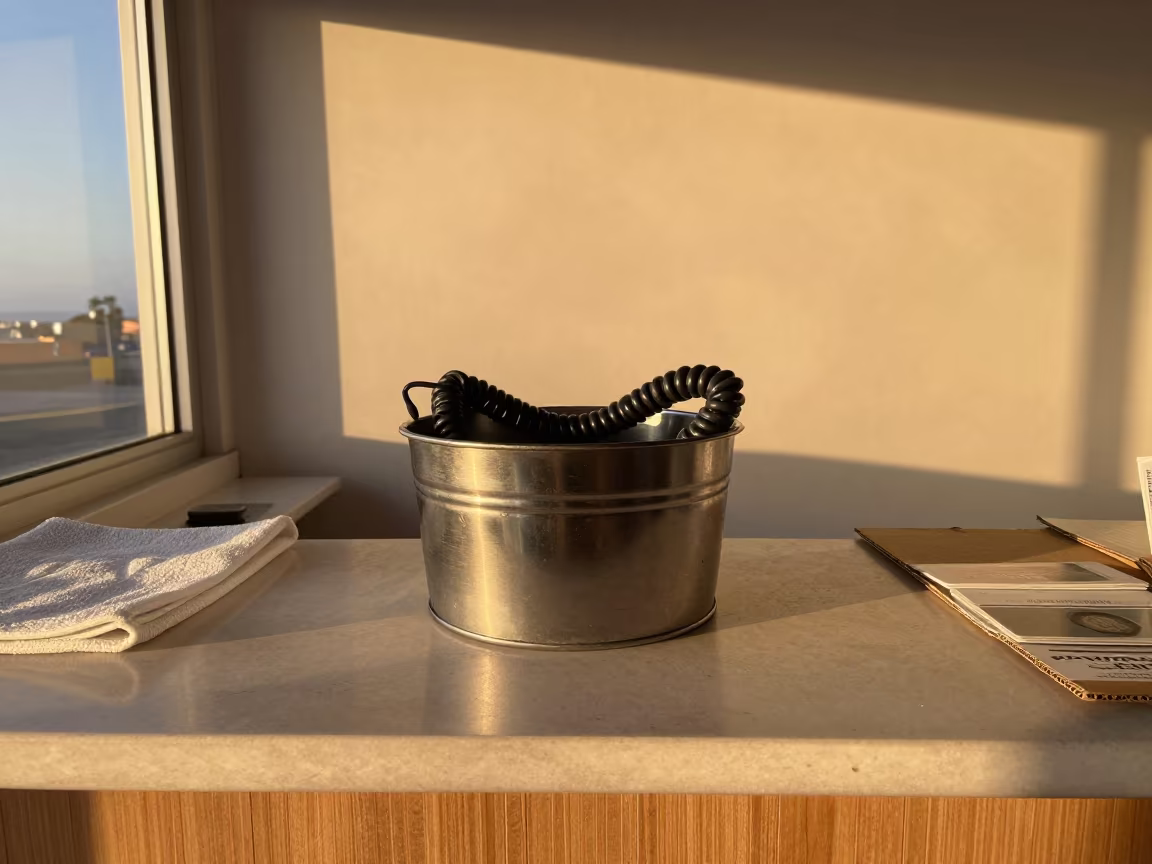 Amber Light on Spa Phone Cord Bin in inside a spa reception near Arica