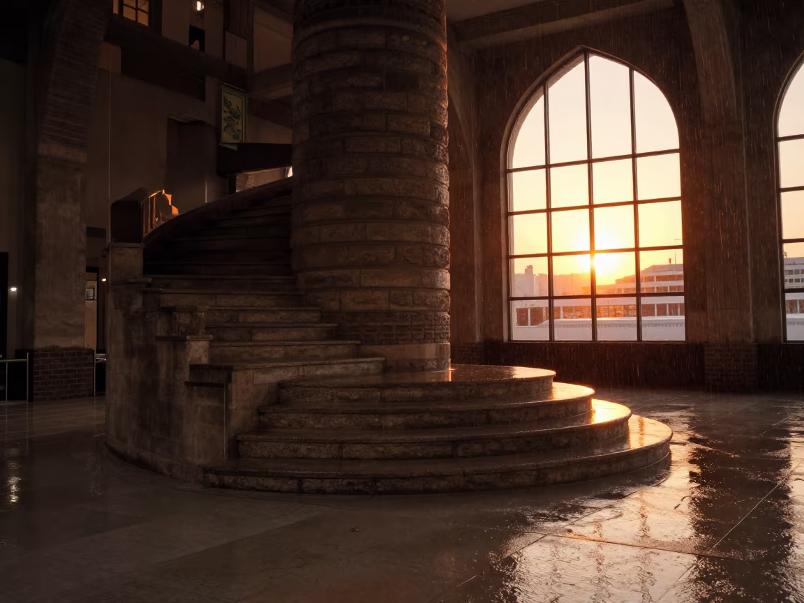 Amber Light on Stone Spiral Staircase Lobby in inside a ribbed concrete lobby near Mecca