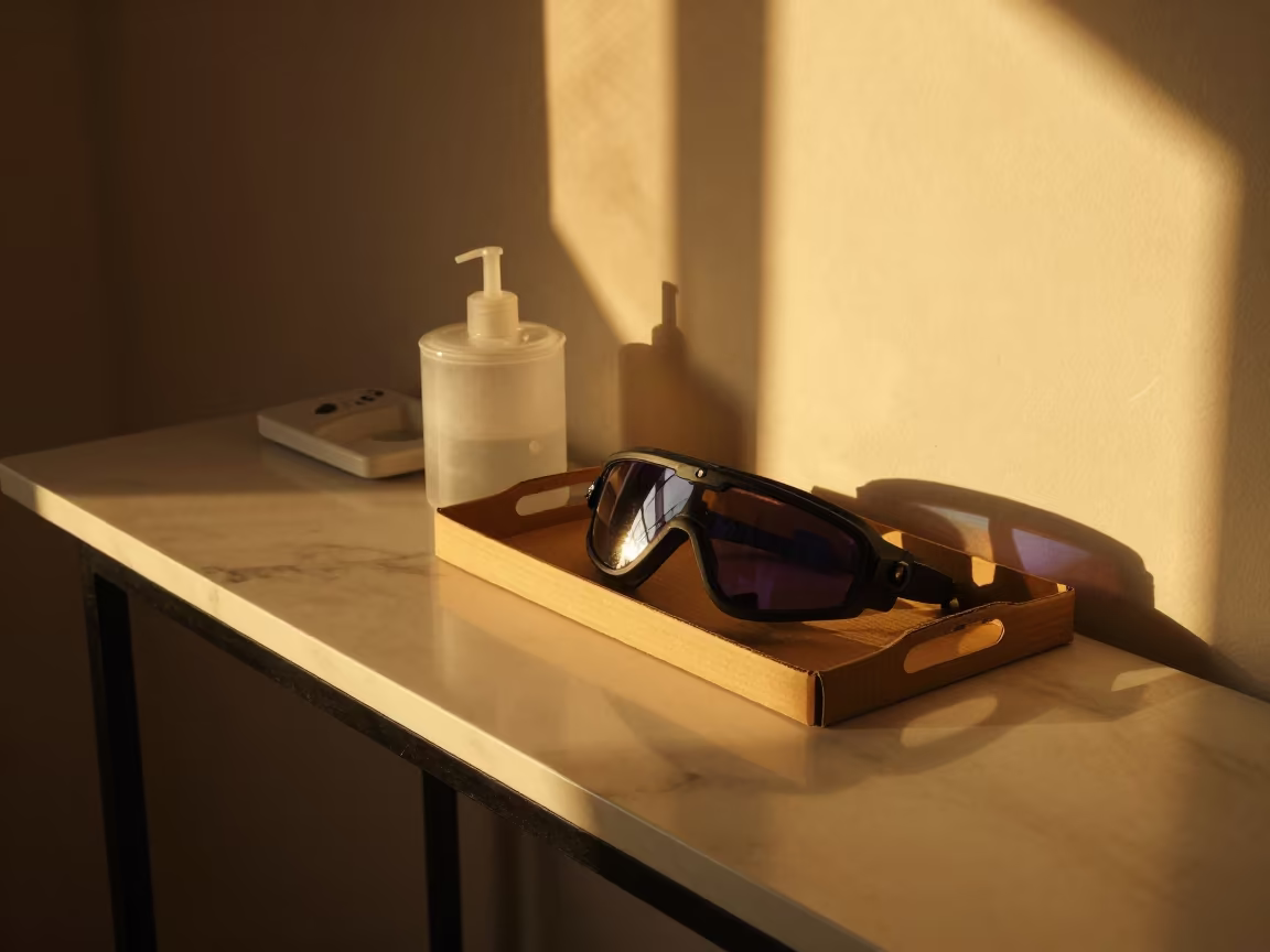 Amber Light on Tanning Goggles in Beirut Studio in inside a nail studio in Gemmayzeh, Beirut