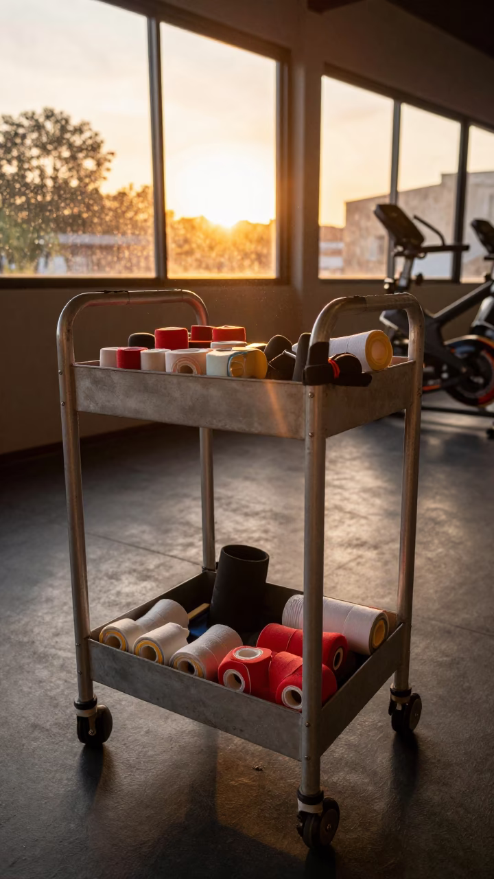 Amber Light Taping Caddy in Spin Studio in inside a spin studio under class lights in Port-au-Prince