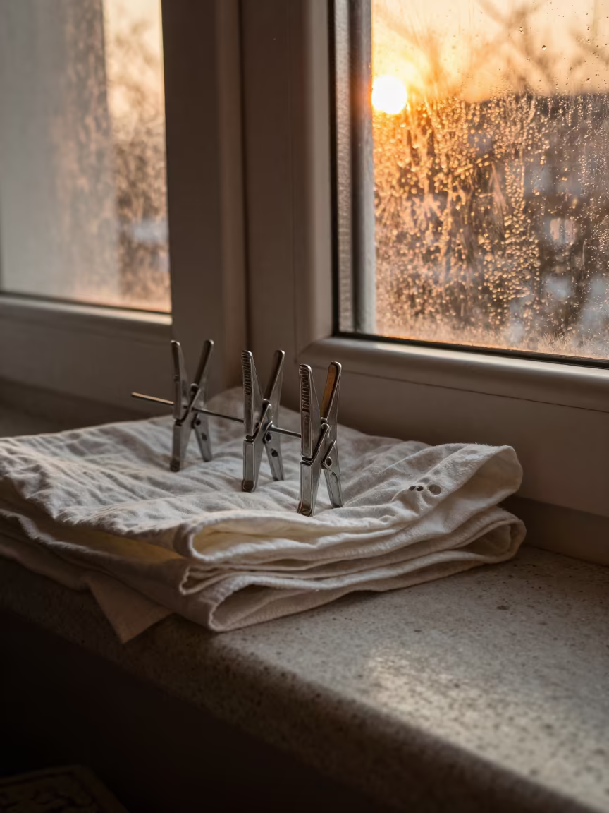 Amber Light on Tin Clothespin and Linens in on a stone ledge in Sambhal