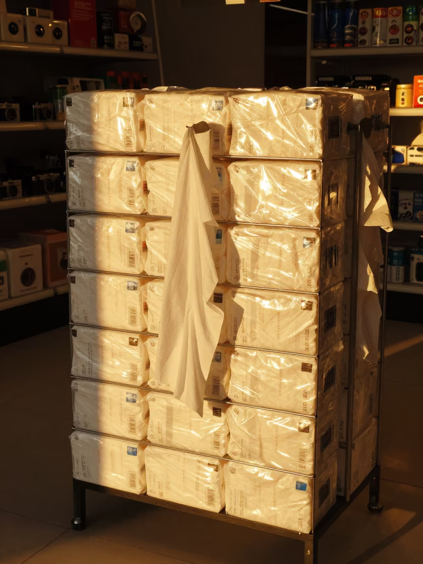 Amber Light on Tissue Rack in Çorlu Store in inside a retail floor display area near Çorlu