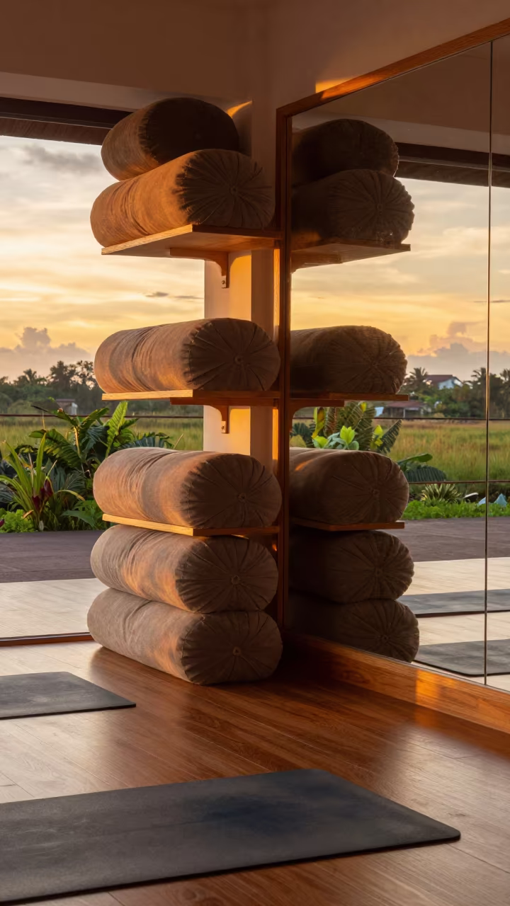 Amber Light Yoga Bolster Shelf in Warri Studio in inside a yoga studio before the session begins in Warri
