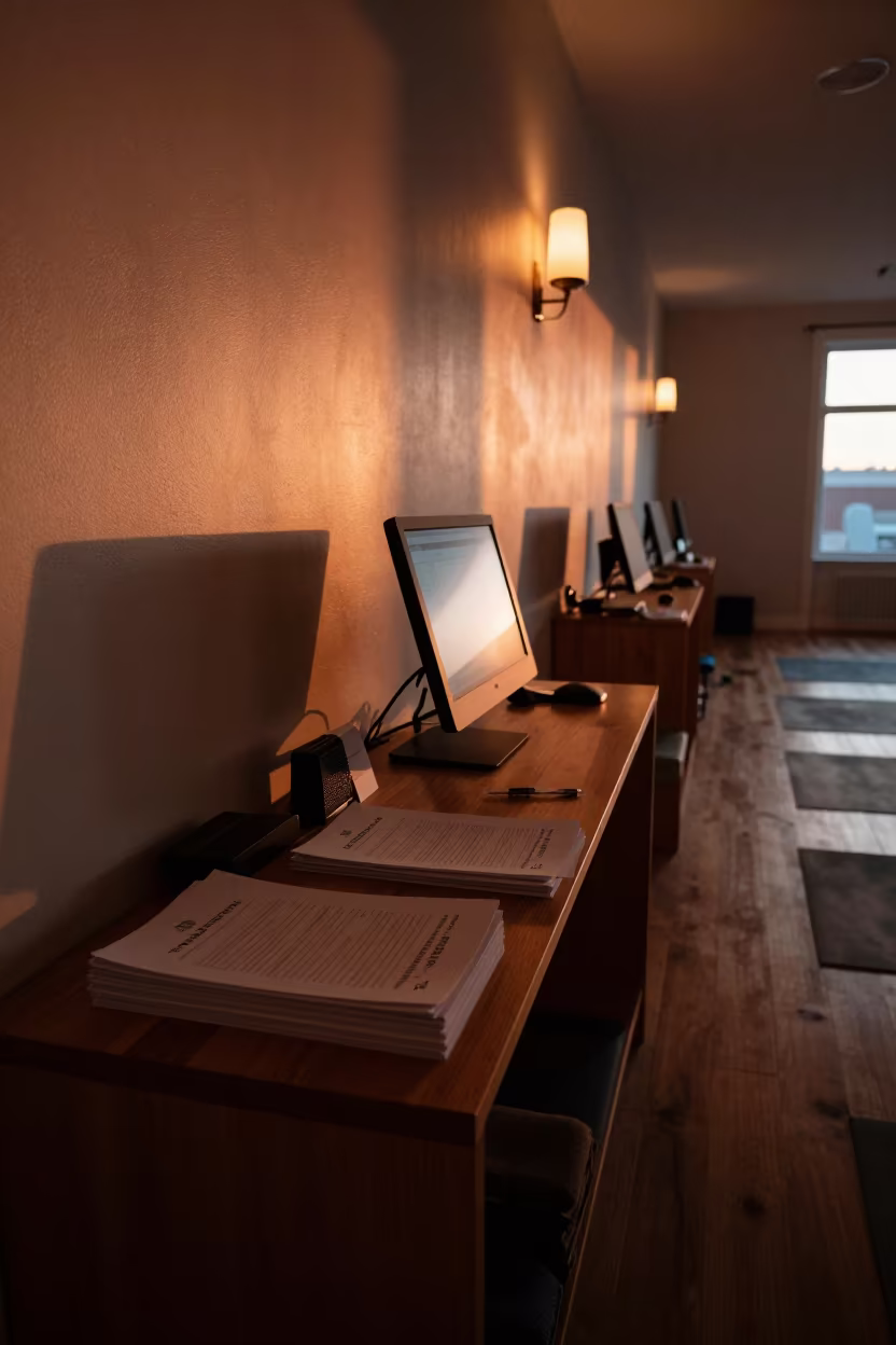 Amber Light Yoga Studio Desk Before Session in inside a yoga studio before the session begins in Winnipeg