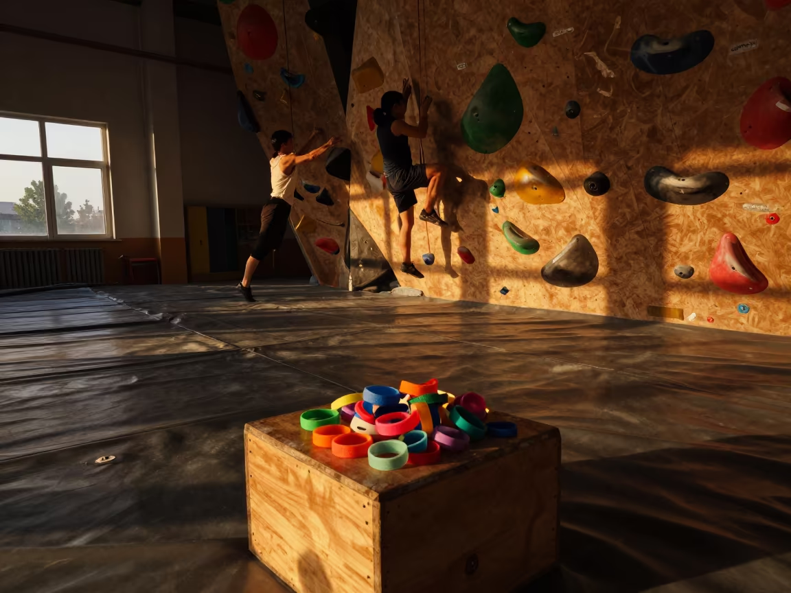 Amber Light on Youth Camp Wristband Box in inside a climbing gym warmup zone near Changchun