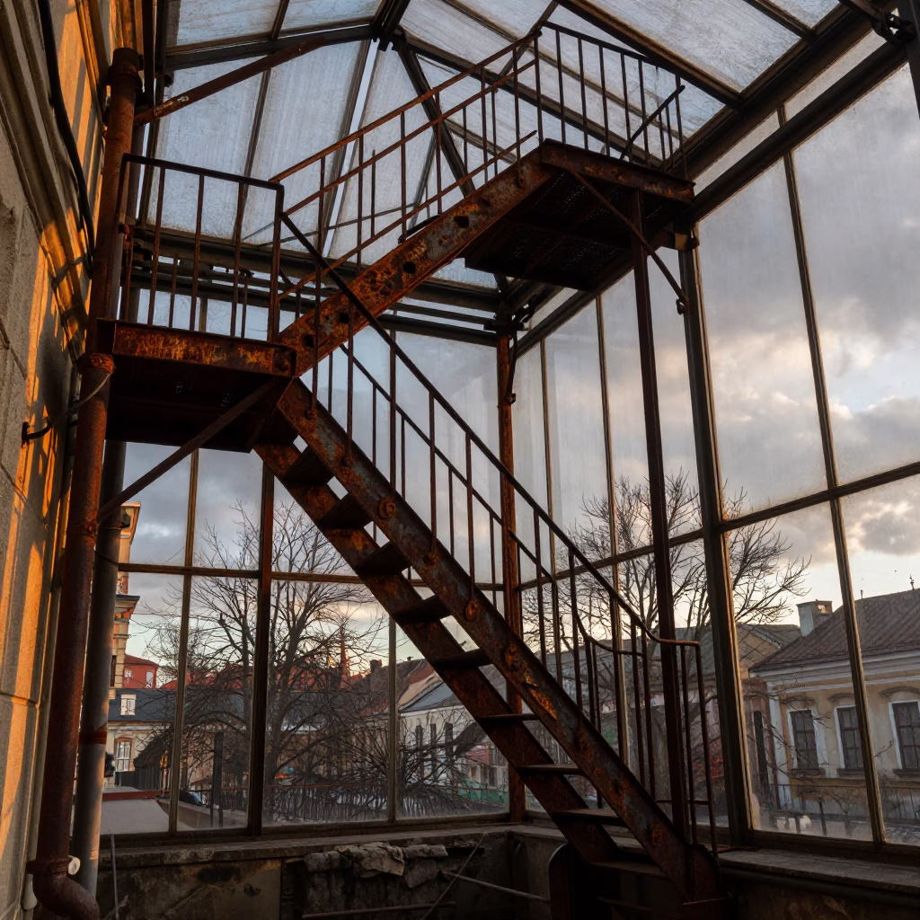 Amber Light on Zigzag Fire Escape in inside a glass-roofed arcade in Lviv