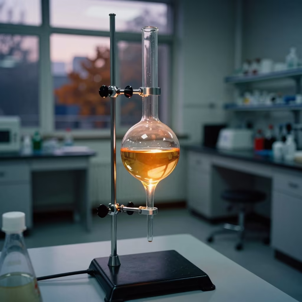 Amber Liquid in Separatory Funnel at Hefei Lab in at an engineering workbench in Hefei